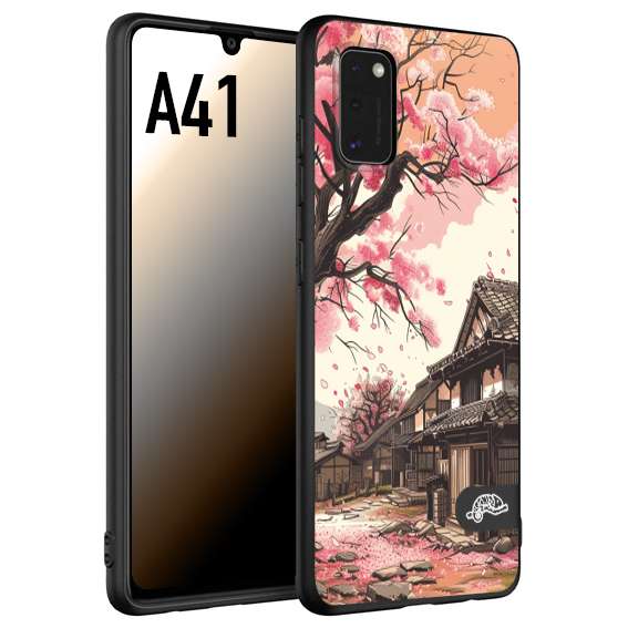 CUSTOMIZZA - Custodia cover nera morbida in tpu compatibile per Samsung A41 casa giapponese rosa ciliegio in fiore disegnata tattoo