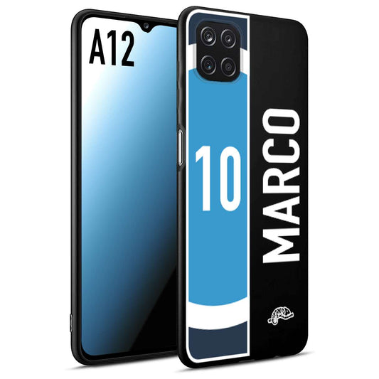 CUSTOMIZZA - Custodia cover nera morbida in tpu compatibile per Samsung A12 personalizzata calcio football nome e numero calciatori biancoazzurri bianco celesti