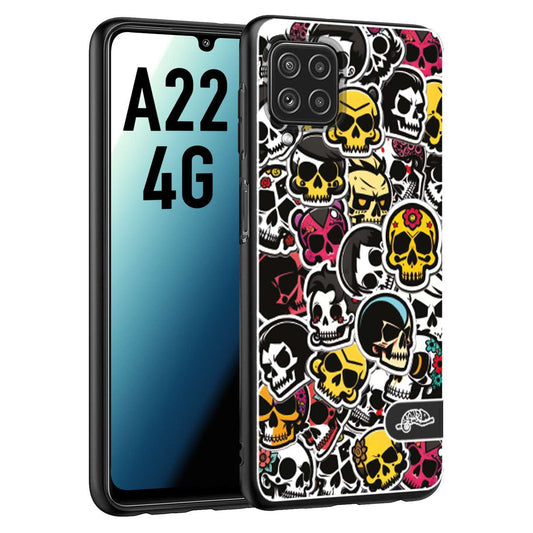 CUSTOMIZZA - Custodia cover nera morbida in tpu compatibile per Samsung A22 4G sticker bomb teschi colorati adesivi skulls skater snowboard