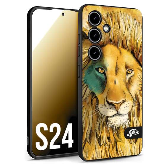 CUSTOMIZZA - Custodia cover nera morbida in tpu compatibile per Samsung S24 leone lion disegnato a mano giallo blu a rilievo artistico brown