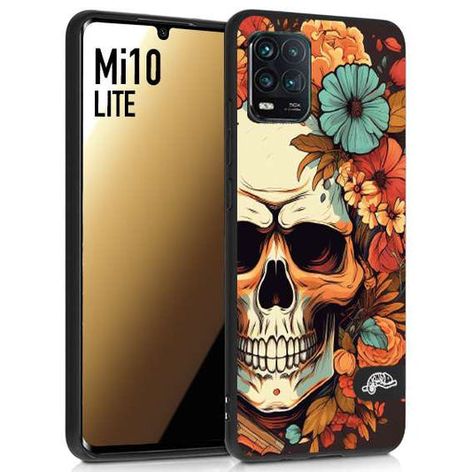 CUSTOMIZZA - Custodia cover nera morbida in tpu compatibile per Xiaomi Mi 10 LITE teschio skull flowers fiori autunnali arancio celeste tattoo
