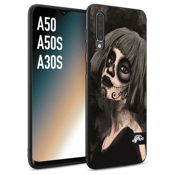 CUSTOMIZZA - Custodia cover nera morbida in tpu compatibile per Samsung A50 - A50S - A30S chicana messicana dea de la muerte donna santa tattoo disegnata