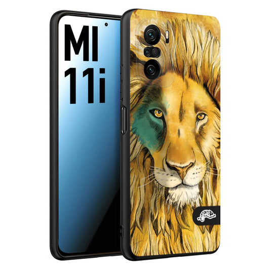 CUSTOMIZZA - Custodia cover nera morbida in tpu compatibile per Xiaomi Mi 11i leone lion disegnato a mano giallo blu a rilievo artistico brown