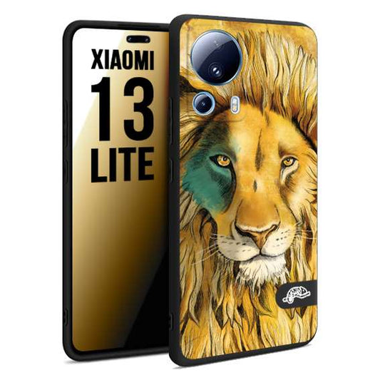 CUSTOMIZZA - Custodia cover nera morbida in tpu compatibile per Xiaomi 13 LITE leone lion disegnato a mano giallo blu a rilievo artistico brown