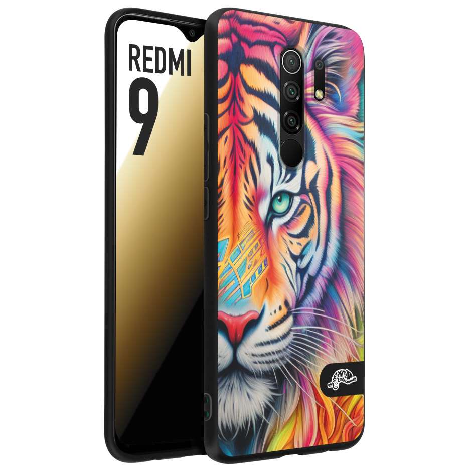 CUSTOMIZZA - Custodia cover nera morbida in tpu compatibile per Xiaomi Redmi 9 animali color tigre tiger viso colori vibranti disegnato schizzo