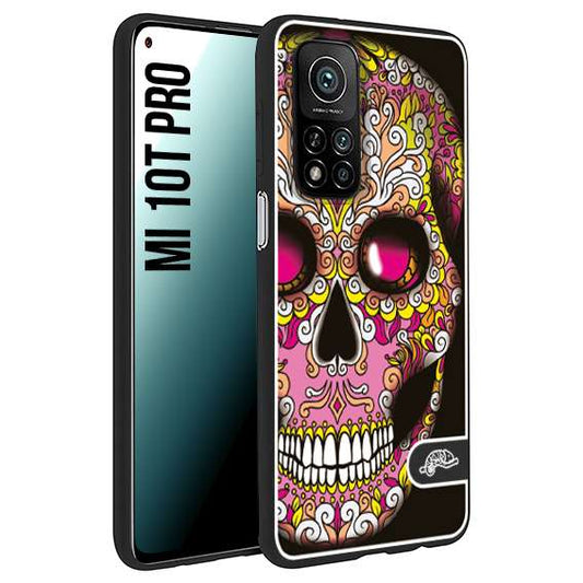 CUSTOMIZZA - Custodia cover nera morbida in tpu compatibile per Xiaomi Mi 10T PRO teschio messicano Mexican skull rosa gialla