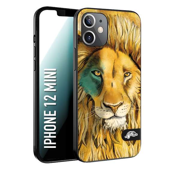 CUSTOMIZZA - Custodia cover nera morbida in tpu compatibile per iPhone 12 MINI leone lion disegnato a mano giallo blu a rilievo artistico brown