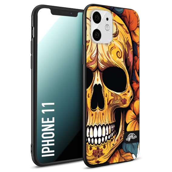 CUSTOMIZZA - Custodia cover nera morbida in tpu compatibile per iPhone 11 teschio messicano colorato dorato fiori autunnali disegnato