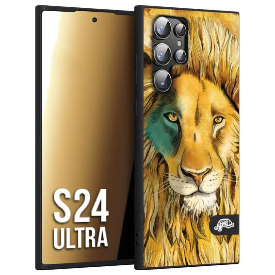 CUSTOMIZZA - Custodia cover nera morbida in tpu compatibile per Samsung S24 ULTRA leone lion disegnato a mano giallo blu a rilievo artistico brown