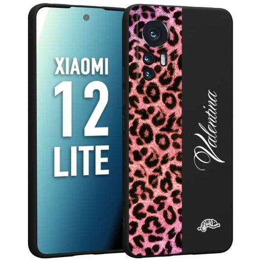 CUSTOMIZZA - Custodia cover nera morbida in tpu compatibile per Xiaomi 12 LITE leopardato rosa fucsia personalizzata nome iniziali