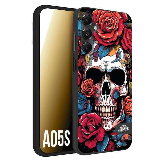 CUSTOMIZZA - Custodia cover nera morbida in tpu compatibile per Samsung A05S teschio skull flowers fiori rose rosse tattoo disegnato