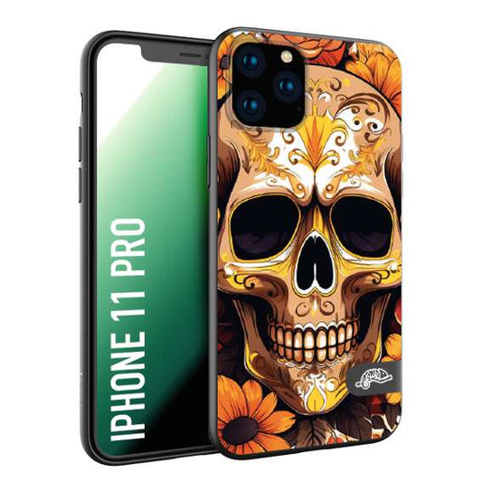 CUSTOMIZZA - Custodia cover nera morbida in tpu compatibile per iPhone 11 PRO teschio messicano colorato dorato fiori tattoo disegnato