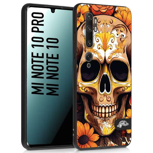 CUSTOMIZZA - Custodia cover nera morbida in tpu compatibile per Xiaomi Mi Note 10 - Mi Note 10 Pro teschio messicano colorato dorato fiori tattoo disegnato