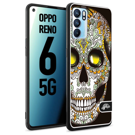 CUSTOMIZZA - Custodia cover nera morbida in tpu compatibile per Oppo Reno 6 5G teschio messicano Mexican skull bianco verde giallo