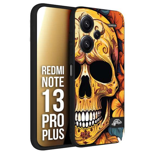 CUSTOMIZZA - Custodia cover nera morbida in tpu compatibile per Xiaomi Redmi Note 13 PRO PLUS teschio messicano colorato dorato fiori autunnali disegnato