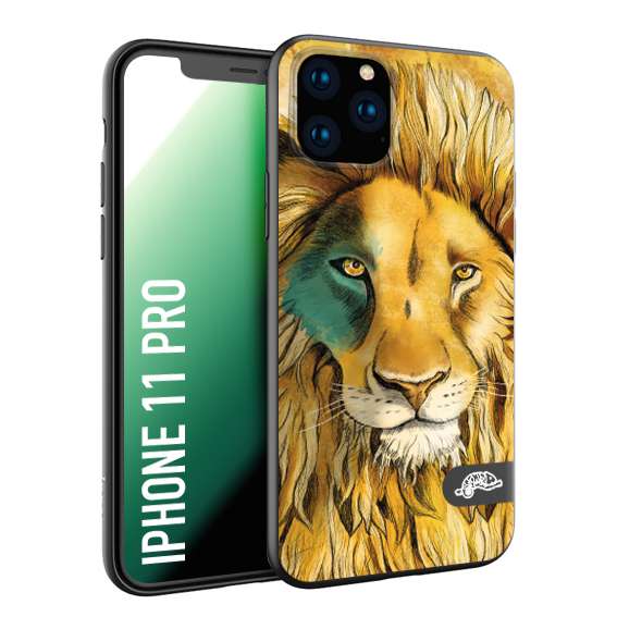 CUSTOMIZZA - Custodia cover nera morbida in tpu compatibile per iPhone 11 PRO leone lion disegnato a mano giallo blu a rilievo artistico brown