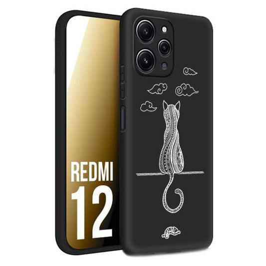 CUSTOMIZZA - Custodia cover nera morbida in tpu compatibile per Xiaomi Redmi 12 gatto mandala stilizzato gattino a rilievo soft touch donna bianca