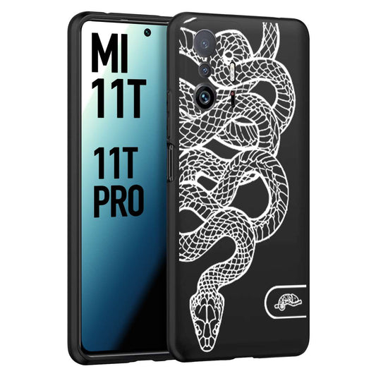 CUSTOMIZZA - Custodia cover nera morbida in tpu compatibile per Xiaomi Mi 11T - Mi 11T PRO serpente snake bianco a rilievo disegnato tattoo tatuaggio