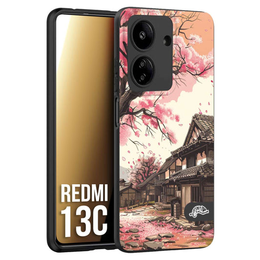 CUSTOMIZZA - Custodia cover nera morbida in tpu compatibile per Xiaomi Redmi 13C casa giapponese rosa ciliegio in fiore disegnata tattoo