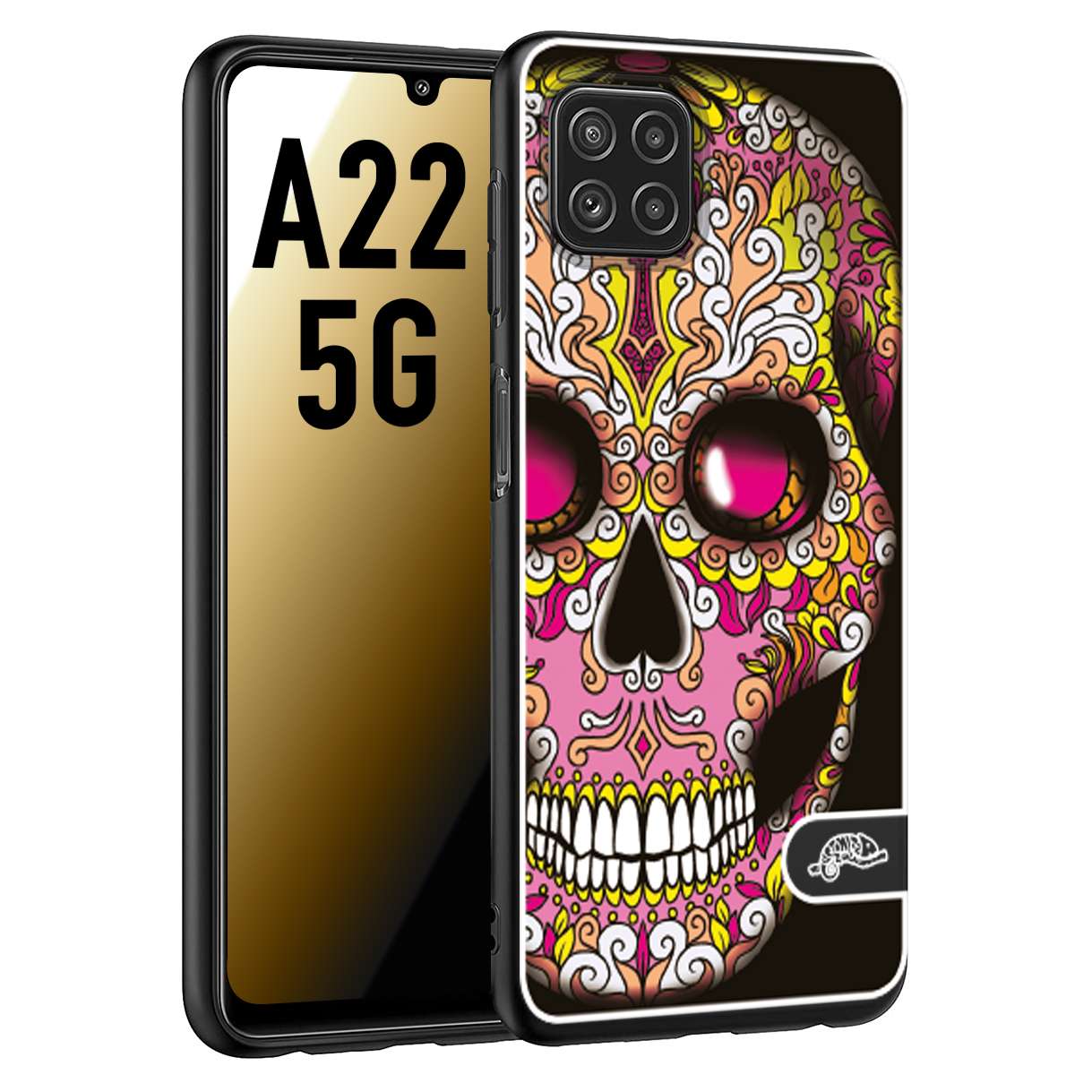 CUSTOMIZZA - Custodia cover nera morbida in tpu compatibile per Samsung A22 5G teschio messicano Mexican skull rosa gialla