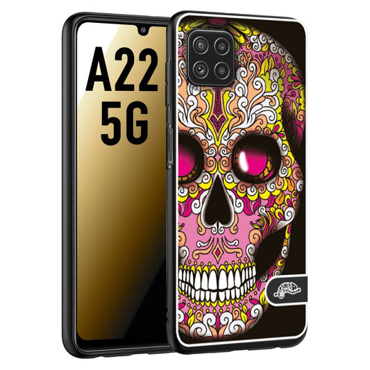 CUSTOMIZZA - Custodia cover nera morbida in tpu compatibile per Samsung A22 5G teschio messicano Mexican skull rosa gialla