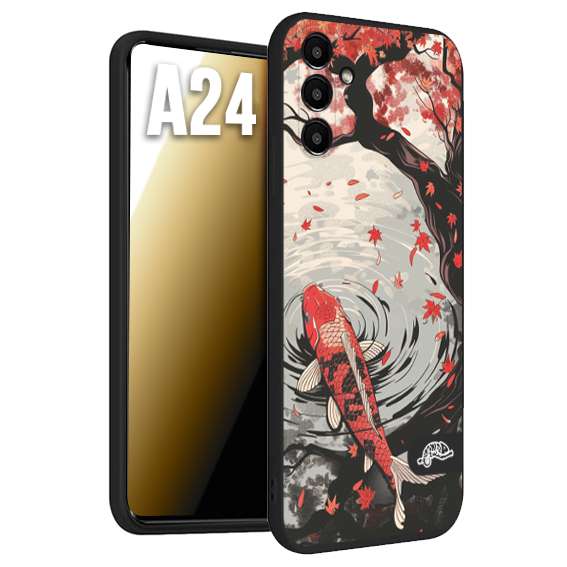 CUSTOMIZZA - Custodia cover nera morbida in tpu compatibile per Samsung A24 giapponese lago carpa koi rossa con foglie d'acero rosso disegnata tattoo