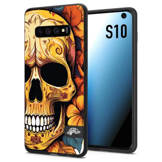 CUSTOMIZZA - Custodia cover nera morbida in tpu compatibile per Samsung S10 teschio messicano colorato dorato fiori autunnali disegnato