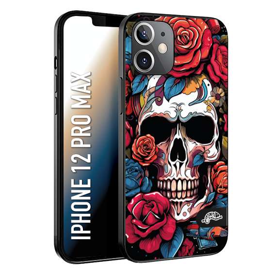 CUSTOMIZZA - Custodia cover nera morbida in tpu compatibile per iPhone 12 PRO MAX teschio skull flowers fiori rose rosse tattoo disegnato