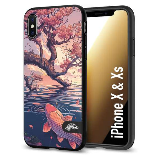 CUSTOMIZZA - Custodia cover nera morbida in tpu compatibile per iPhone X - Xs giapponese lago carpa koi rosa con foglie d'acero disegnata tattoo