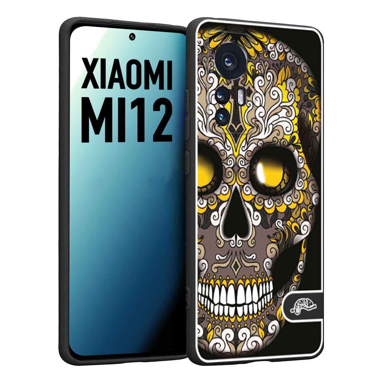 CUSTOMIZZA - Custodia cover nera morbida in tpu compatibile per Xiaomi 12 5G teschio messicano Mexican skull nero giallo