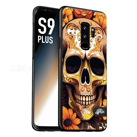 CUSTOMIZZA - Custodia cover nera morbida in tpu compatibile per Samsung S9 PLUS teschio messicano colorato dorato fiori tattoo disegnato