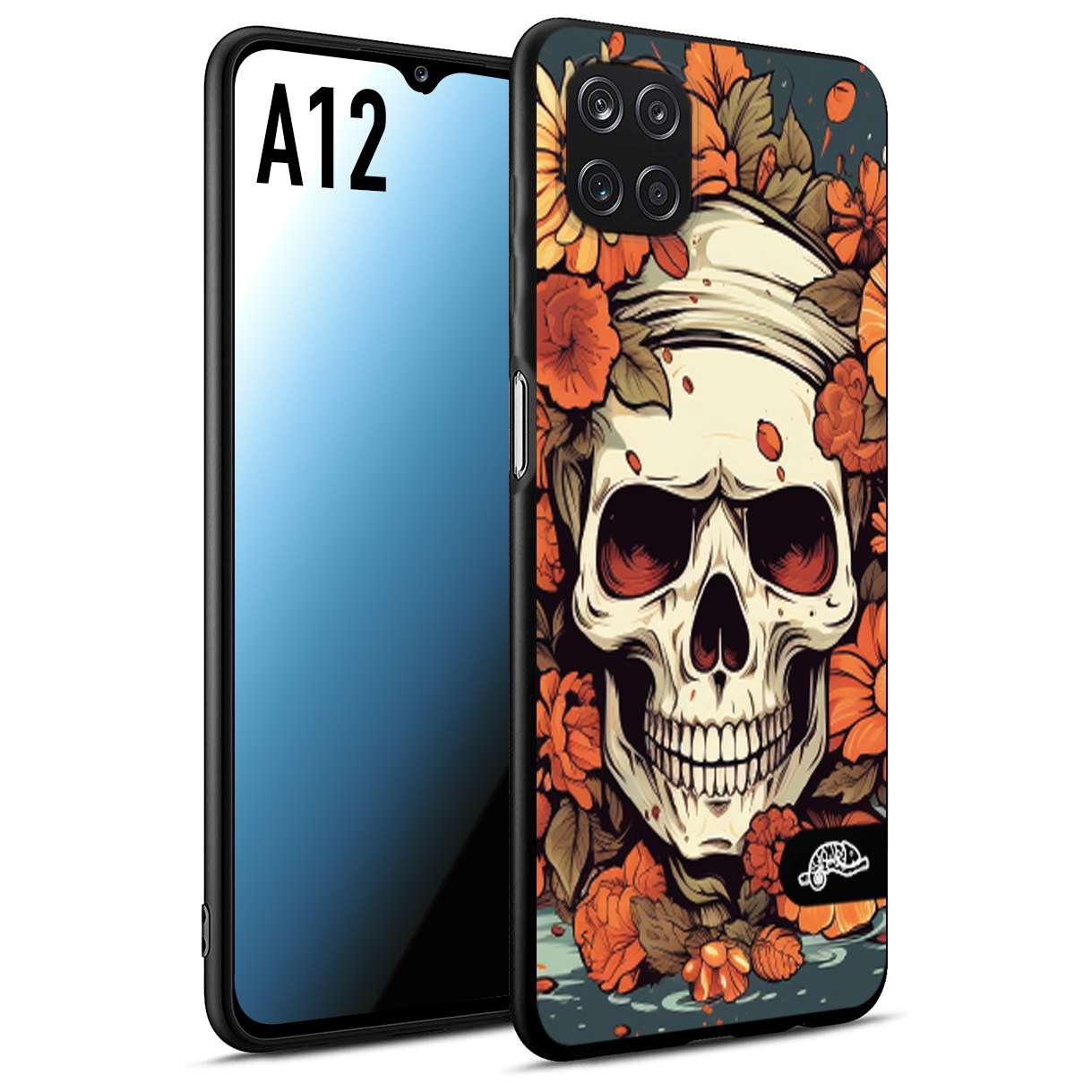 CUSTOMIZZA - Custodia cover nera morbida in tpu compatibile per Samsung A12 teschio skull flowers fiori tattoo disegnato alta definizione