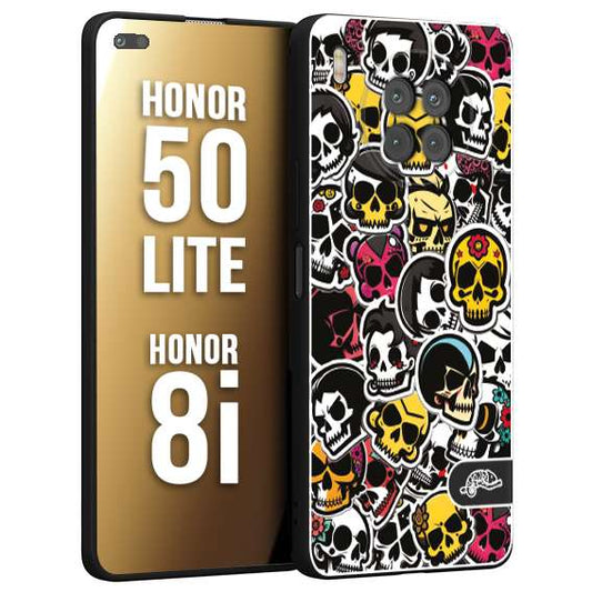 CUSTOMIZZA - Custodia cover nera morbida in tpu compatibile per Honor 8i - Honor 50 LITE sticker bomb teschi colorati adesivi skulls skater snowboard