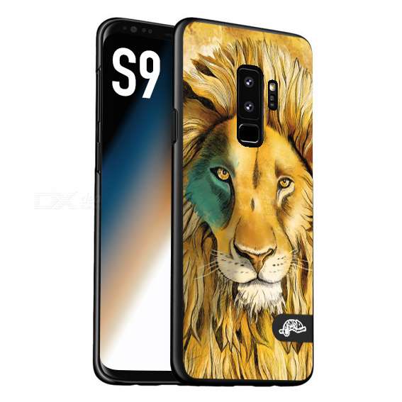 CUSTOMIZZA - Custodia cover nera morbida in tpu compatibile per Samsung S9 leone lion disegnato a mano giallo blu a rilievo artistico brown