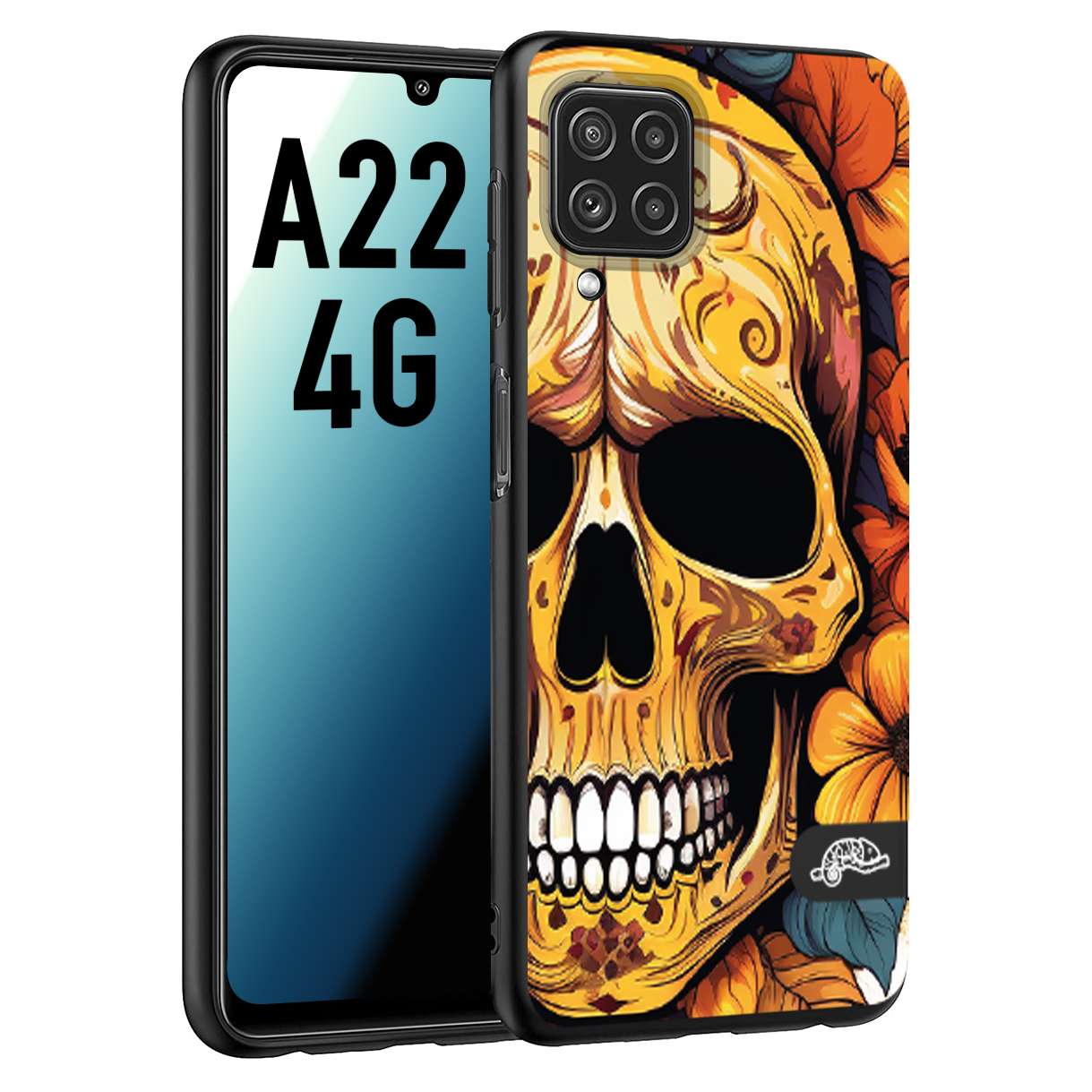 CUSTOMIZZA - Custodia cover nera morbida in tpu compatibile per Samsung A22 4G teschio messicano colorato dorato fiori autunnali disegnato