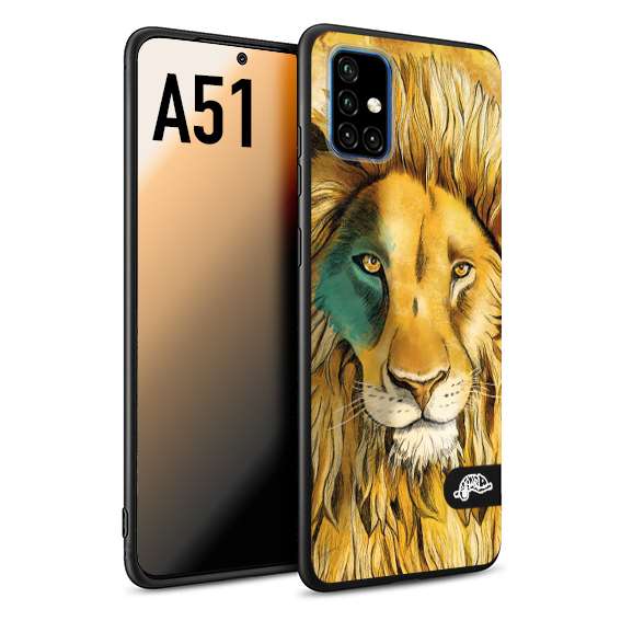 CUSTOMIZZA - Custodia cover nera morbida in tpu compatibile per Samsung A51 leone lion disegnato a mano giallo blu a rilievo artistico brown