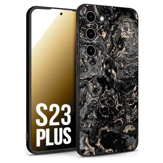 CUSTOMIZZA - Custodia cover nera morbida in tpu compatibile per Samsung S23 PLUS effetto marmo marble nero black venature dorato pietra