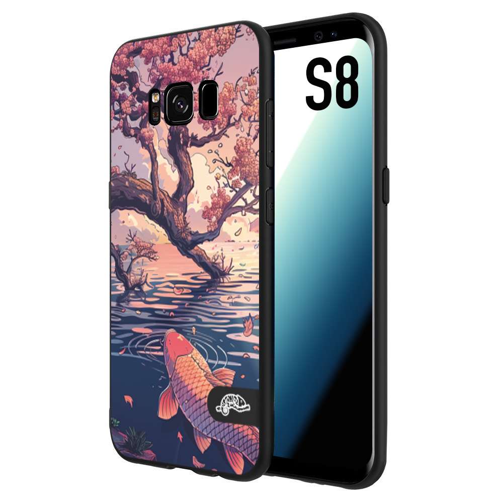 CUSTOMIZZA - Custodia cover nera morbida in tpu compatibile per Samsung S8 giapponese lago carpa koi rosa con foglie d'acero disegnata tattoo