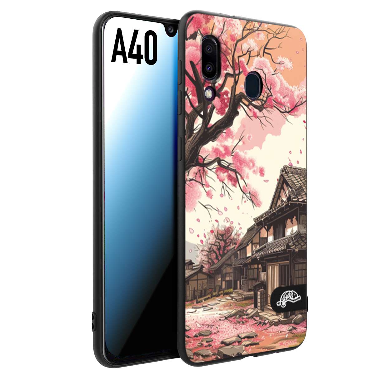 CUSTOMIZZA - Custodia cover nera morbida in tpu compatibile per Samsung A40 casa giapponese rosa ciliegio in fiore disegnata tattoo