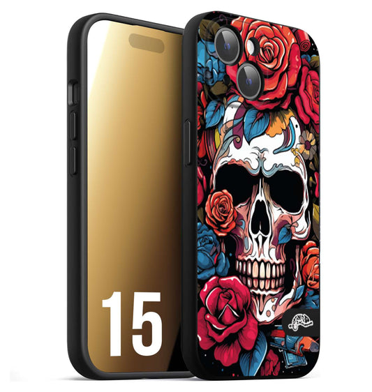 CUSTOMIZZA - Custodia cover nera morbida in tpu compatibile per iPhone 15 teschio skull flowers fiori rose rosse tattoo disegnato