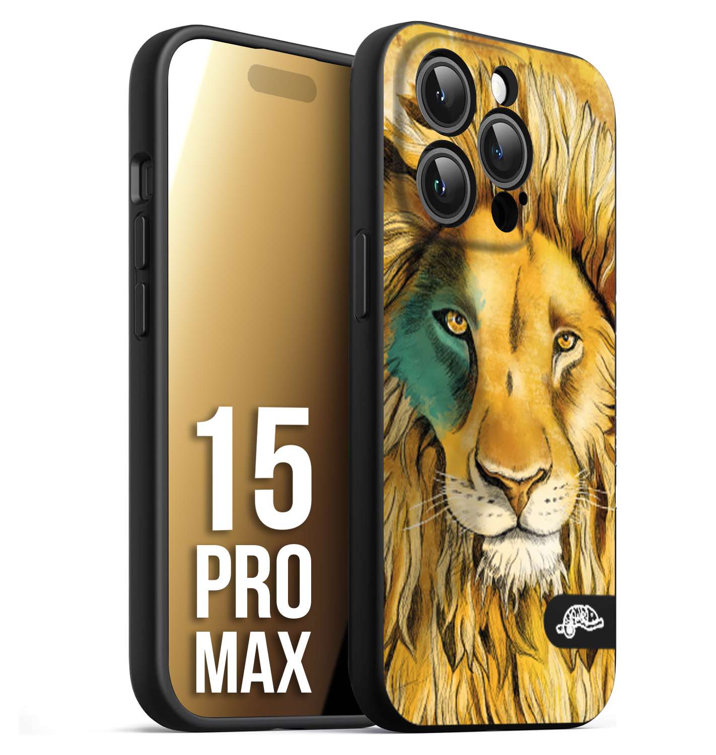 CUSTOMIZZA - Custodia cover nera morbida in tpu compatibile per iPhone 15 PRO MAX leone lion disegnato a mano giallo blu a rilievo artistico brown