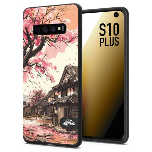 CUSTOMIZZA - Custodia cover nera morbida in tpu compatibile per Samsung S10 PLUS casa giapponese rosa ciliegio in fiore disegnata tattoo