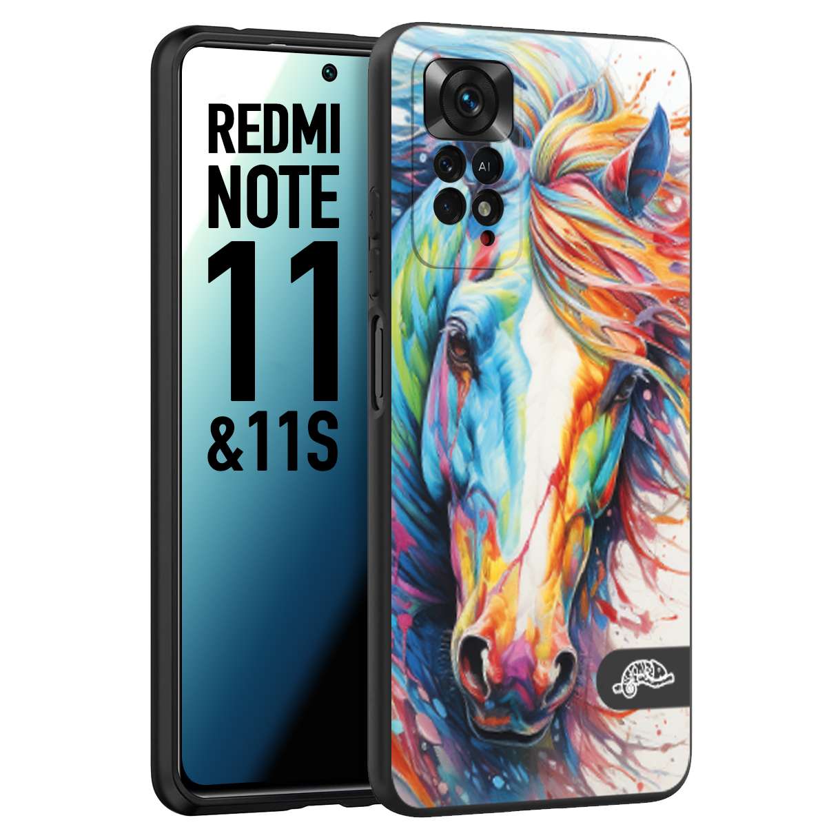 CUSTOMIZZA - Custodia cover nera morbida in tpu compatibile per Xiaomi Redmi Note 11 -  Note 11S animali color cavallo horse viso colori vibranti disegnato schizzo