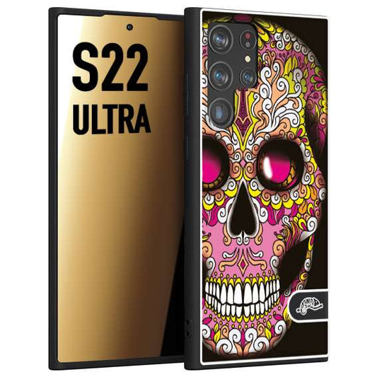 CUSTOMIZZA - Custodia cover nera morbida in tpu compatibile per Samsung S22 ULTRA teschio messicano Mexican skull rosa gialla