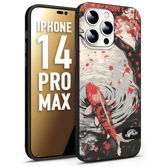 CUSTOMIZZA - Custodia cover nera morbida in tpu compatibile per iPhone 14 PRO MAX giapponese lago carpa koi rossa con foglie d'acero rosso disegnata tattoo