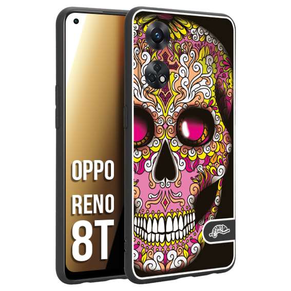 CUSTOMIZZA - Custodia cover nera morbida in tpu compatibile per Oppo Reno 8T teschio messicano Mexican skull rosa gialla