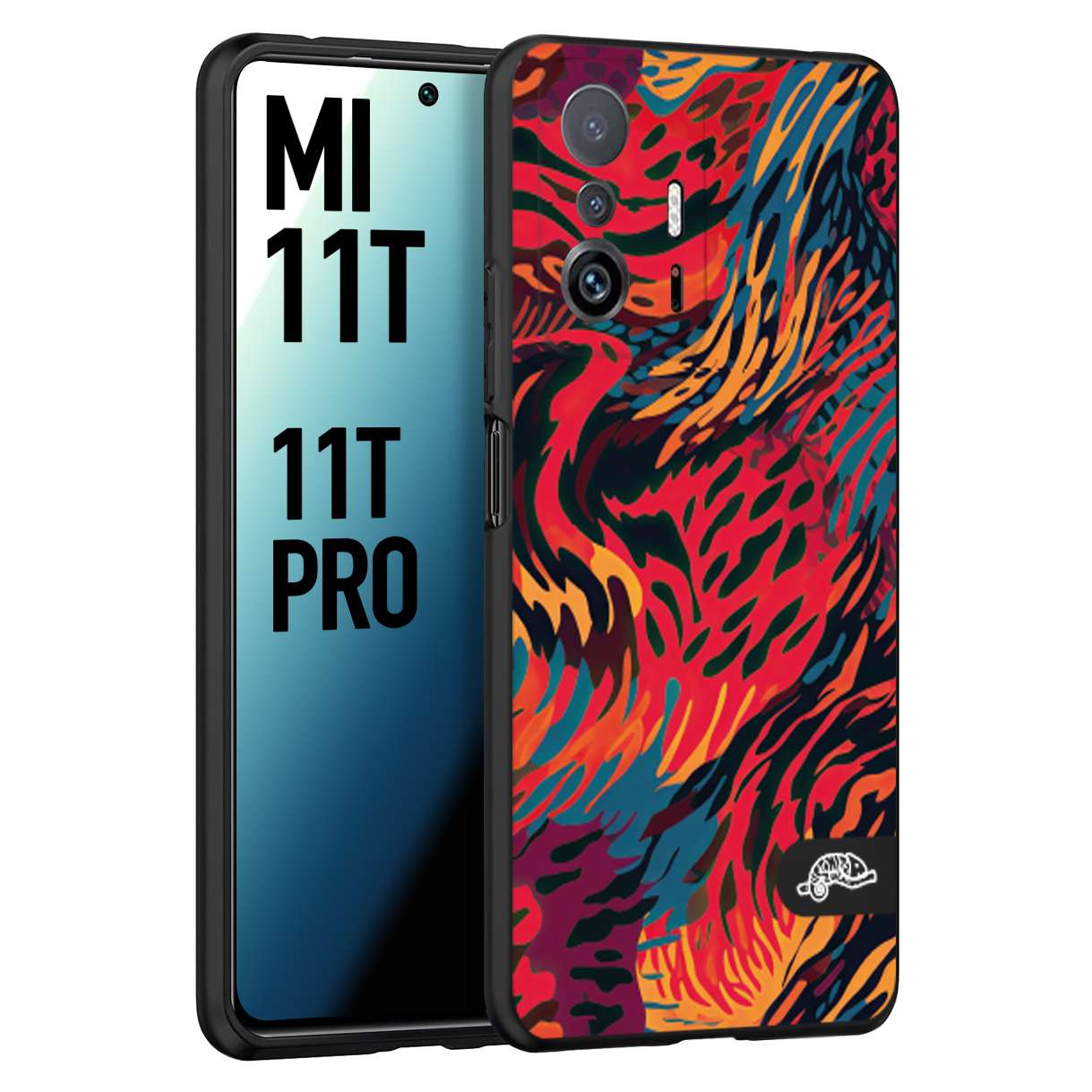 CUSTOMIZZA - Custodia cover nera morbida in tpu compatibile per Xiaomi Mi 11T - Mi 11T PRO leopardato maculato tigrato colorata fiamme rossa blu arancione