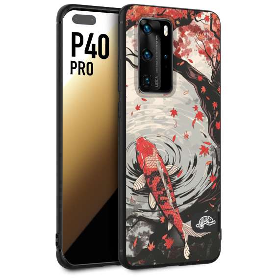 CUSTOMIZZA - Custodia cover nera morbida in tpu compatibile per Huawei P40 PRO giapponese lago carpa koi rossa con foglie d'acero rosso disegnata tattoo