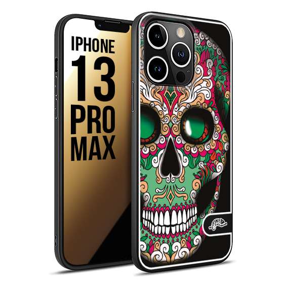 CUSTOMIZZA - Custodia cover nera morbida in tpu compatibile per iPhone 13 PRO MAX teschio messicano Mexican skull verde fucsia