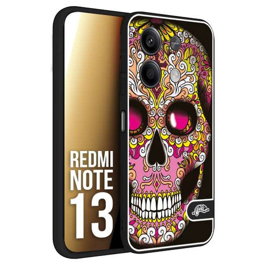 CUSTOMIZZA - Custodia cover nera morbida in tpu compatibile per Xiaomi Redmi Note 13 teschio messicano Mexican skull rosa gialla